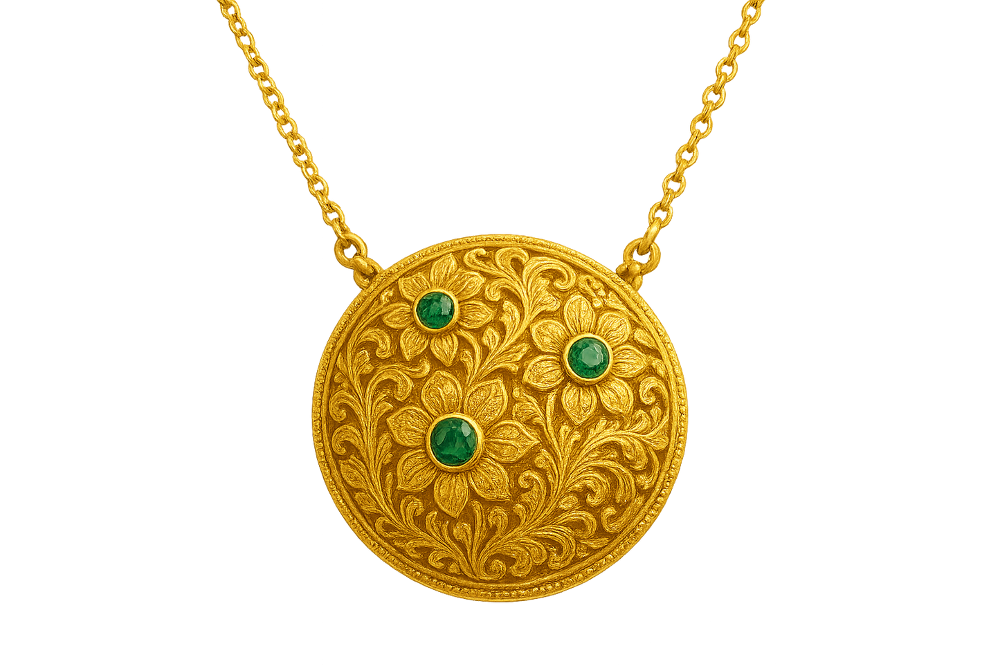 Elegant 22KT gold pendant necklace with intricate floral design. Perfect for festive and daily wear. with emerald give the image in png format no background