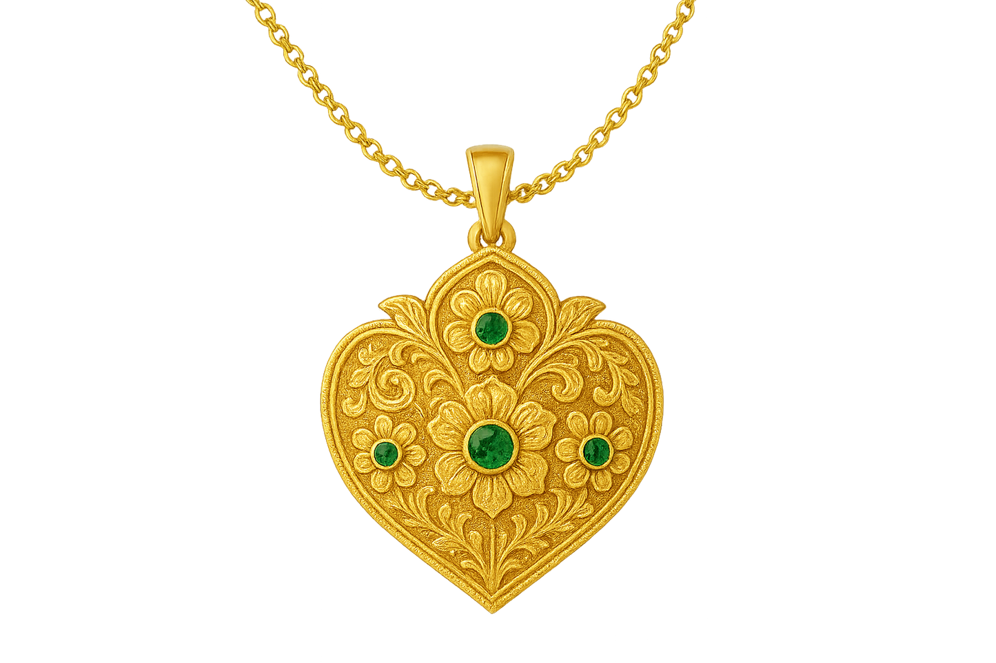 Elegant 22KT gold pendant necklace with intricate floral design. Perfect for festive and daily wear. with emerald give the image in png format no background