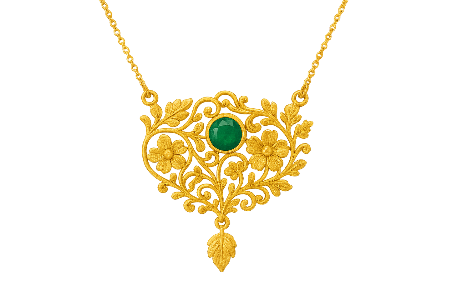 Elegant 22KT gold pendant necklace with intricate floral design. Perfect for festive and daily wear. with emerald give the image in png format no background 