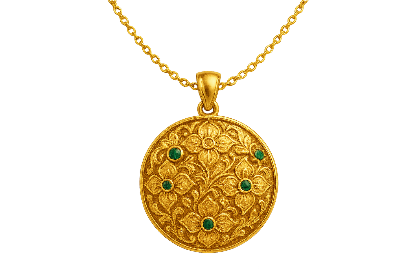 Elegant 22KT gold pendant necklace with intricate floral design. Perfect for festive and daily wear. with emerald give the image in png format no background 