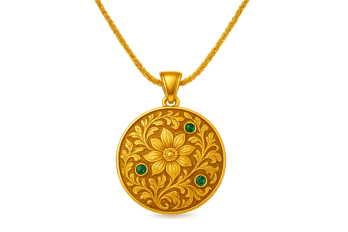 Elegant 22KT gold pendant necklace with intricate floral design. Perfect for festive and daily wear. with emerald give the image in png format no background 