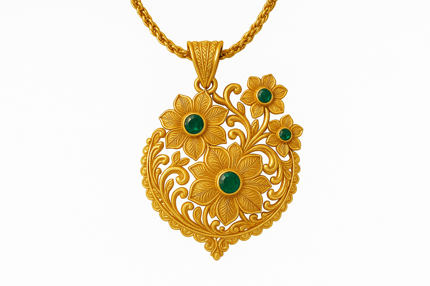 Elegant 22KT gold pendant necklace with intricate floral design. Perfect for festive and daily wear. with emerald give the image in png format no background  