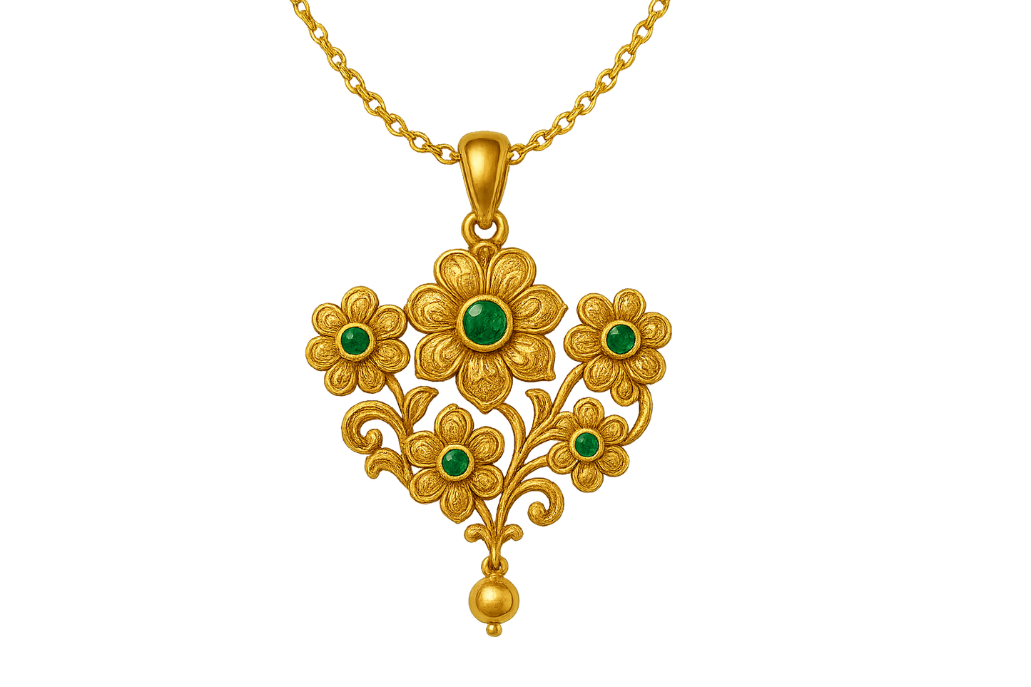 Elegant 22KT gold pendant necklace with intricate floral design. Perfect for festive and daily wear. with emerald give the image in png format no background