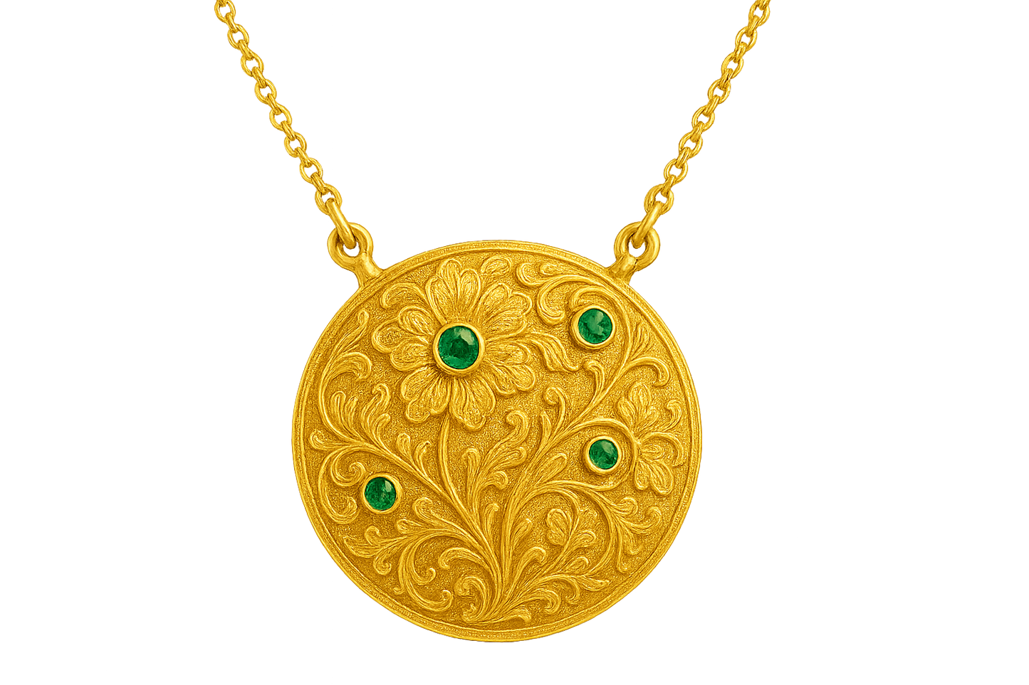 Elegant 22KT gold pendant necklace with intricate floral design. Perfect for festive and daily wear. with emerald give the image in png format no background  
