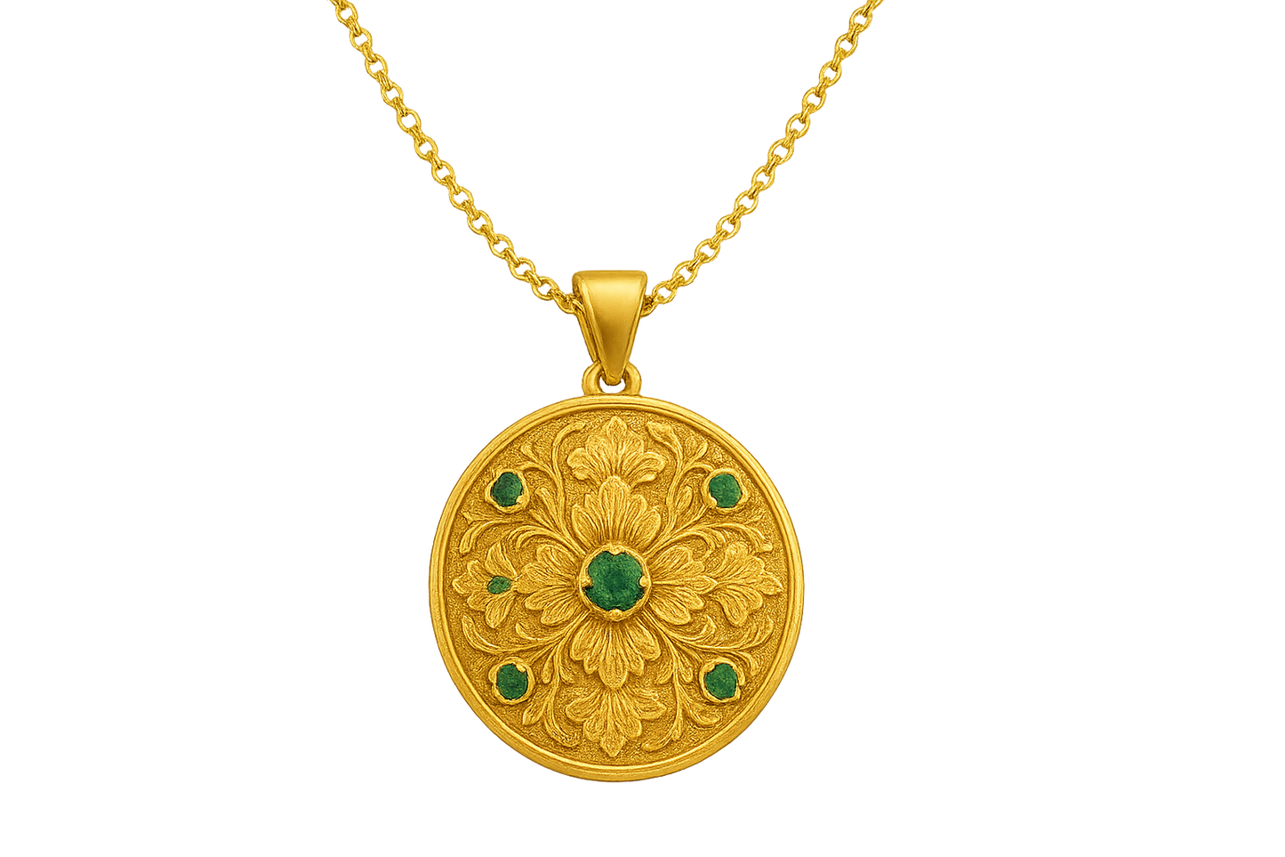 Elegant 22KT gold pendant necklace with intricate floral design. Perfect for festive and daily wear. with emerald give the image in png format no background