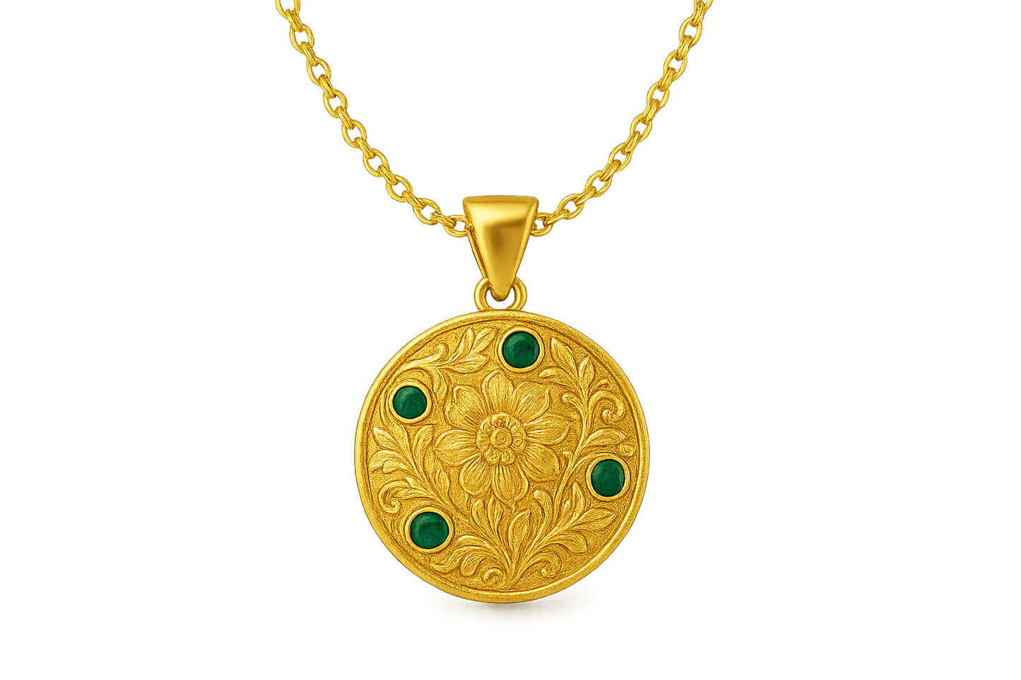 Elegant 22KT gold pendant necklace with intricate floral design. Perfect for festive and daily wear. with emerald give the image in png format no background