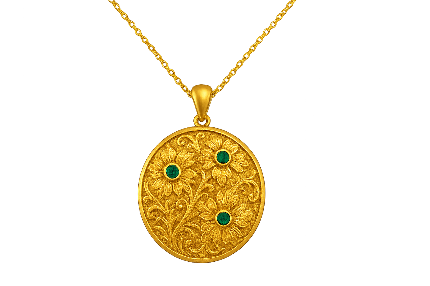 Elegant 22KT gold pendant necklace with intricate floral design. Perfect for festive and daily wear. with emerald give the image in png format no background 