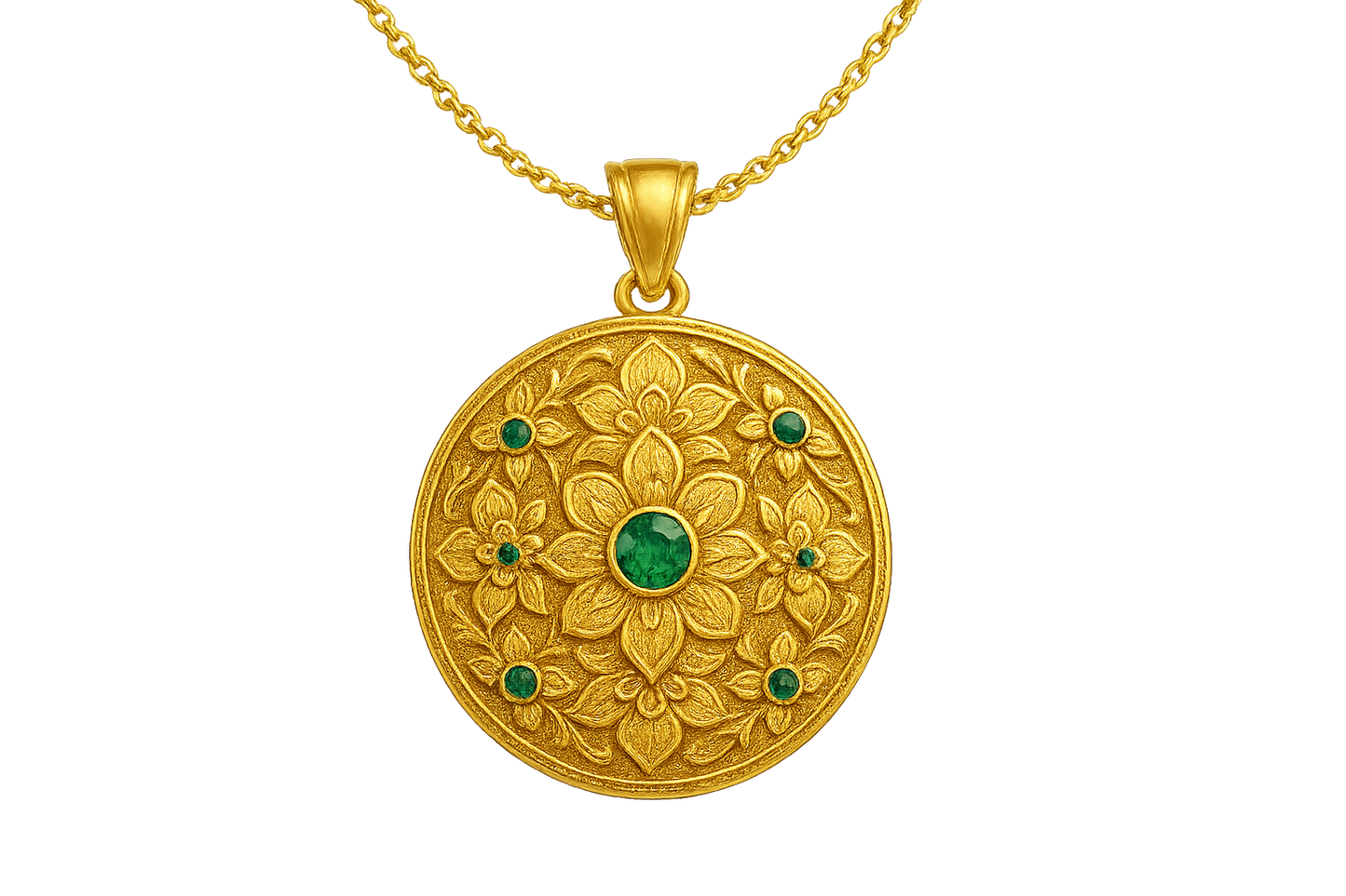 Elegant 22KT gold pendant necklace with intricate floral design. Perfect for festive and daily wear. with emerald give the image in png format no background