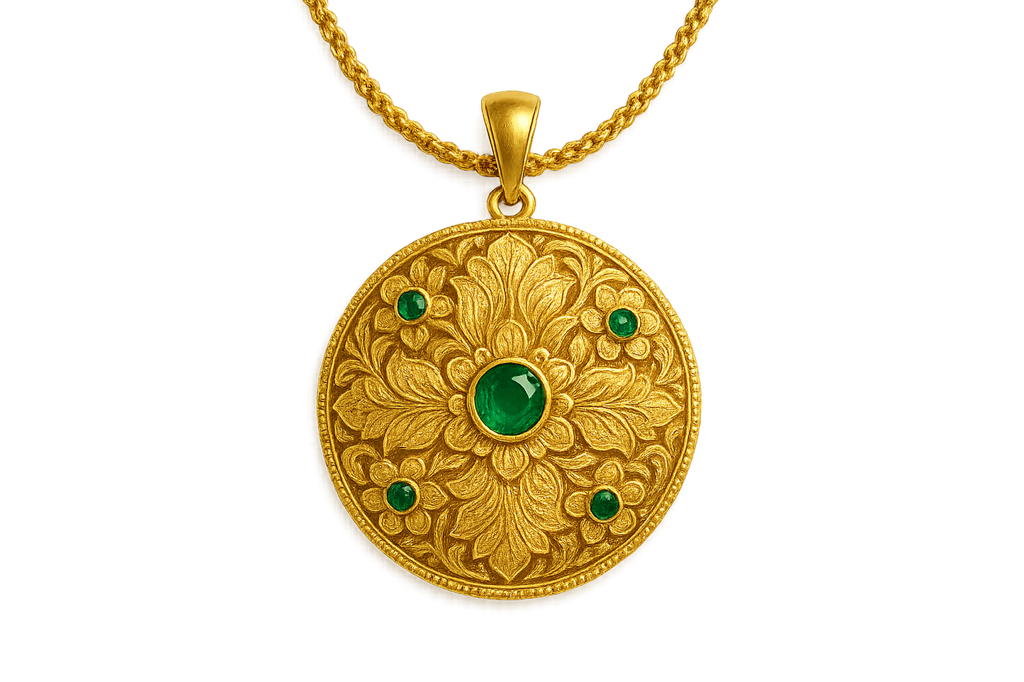 Elegant 22KT gold pendant necklace with intricate floral design. Perfect for festive and daily wear. with emerald give the image in png format no background 