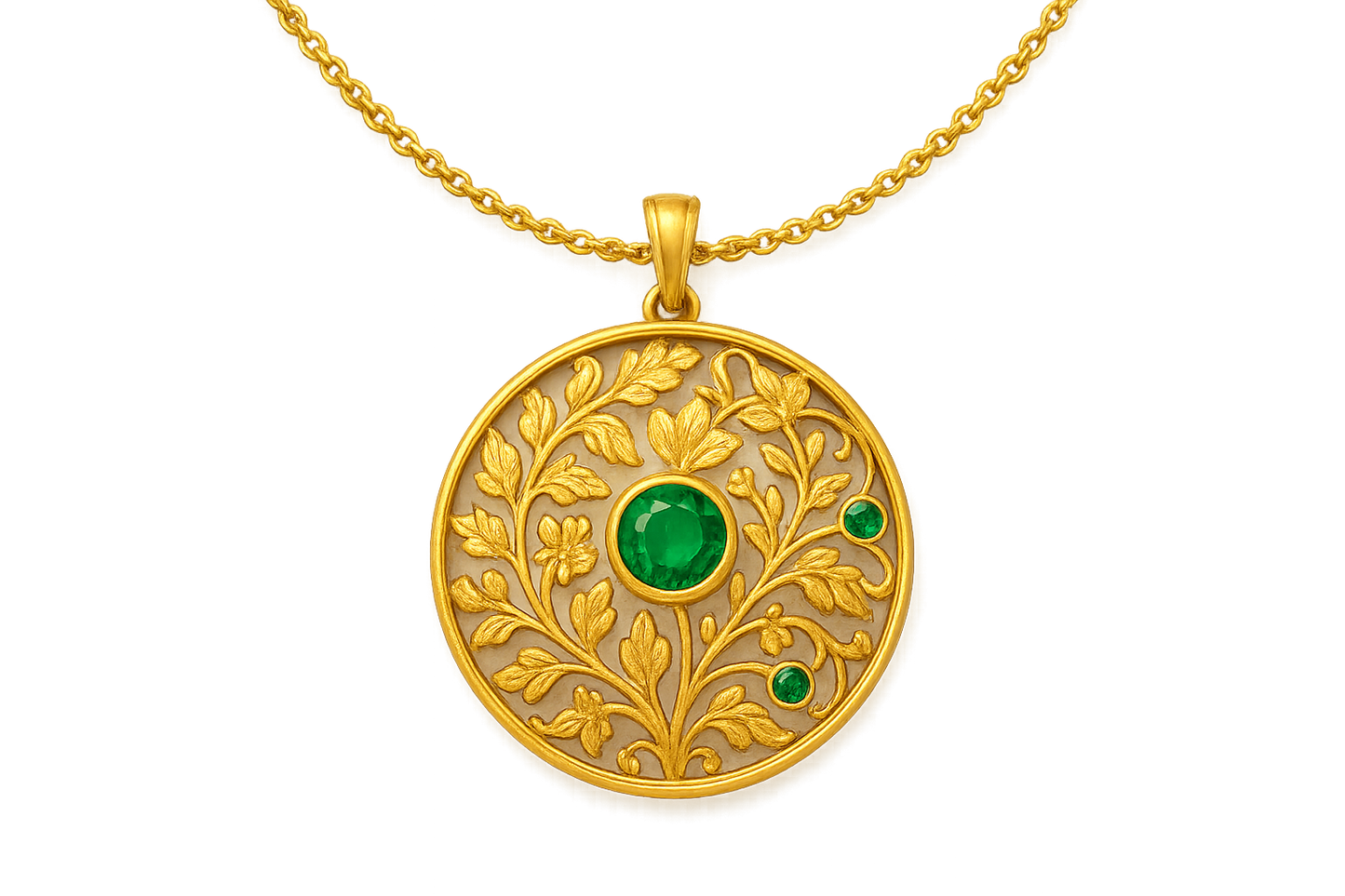 Elegant 22KT gold pendant necklace with intricate floral design. Perfect for festive and daily wear. with emerald  give the image in png format no background 