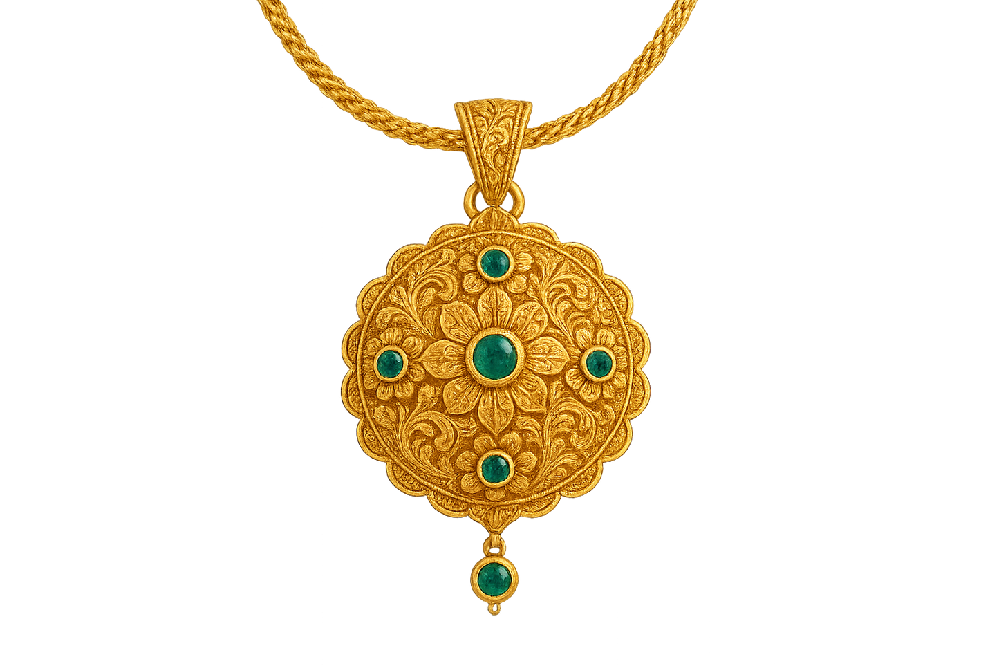 Elegant 22KT gold pendant necklace with intricate floral design. Perfect for festive and daily wear. with emerald give the image in png format no background  