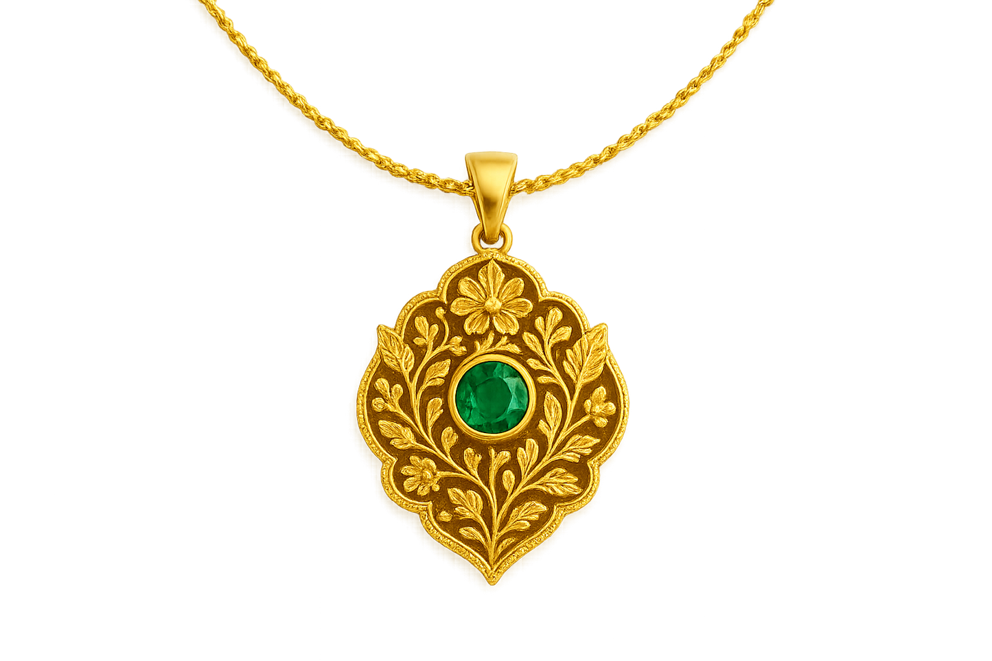 Elegant 22KT gold pendant necklace with intricate floral design. Perfect for festive and daily wear. with emerald give the image in png format no background 