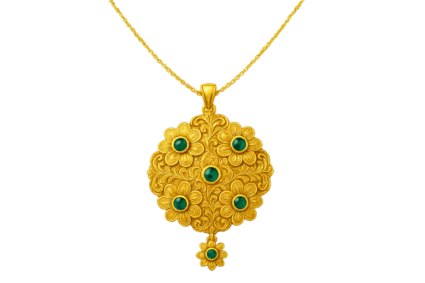 Elegant 22KT gold pendant necklace with intricate floral design. Perfect for festive and daily wear. with emerald give the image in png format no background