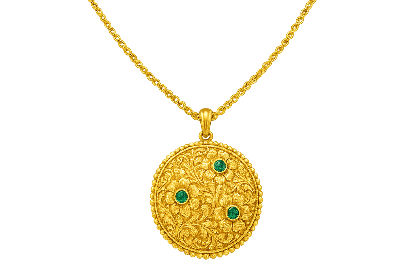 Elegant 22KT gold pendant necklace with intricate floral design. Perfect for festive and daily wear. with emerald give the image in png format no background 