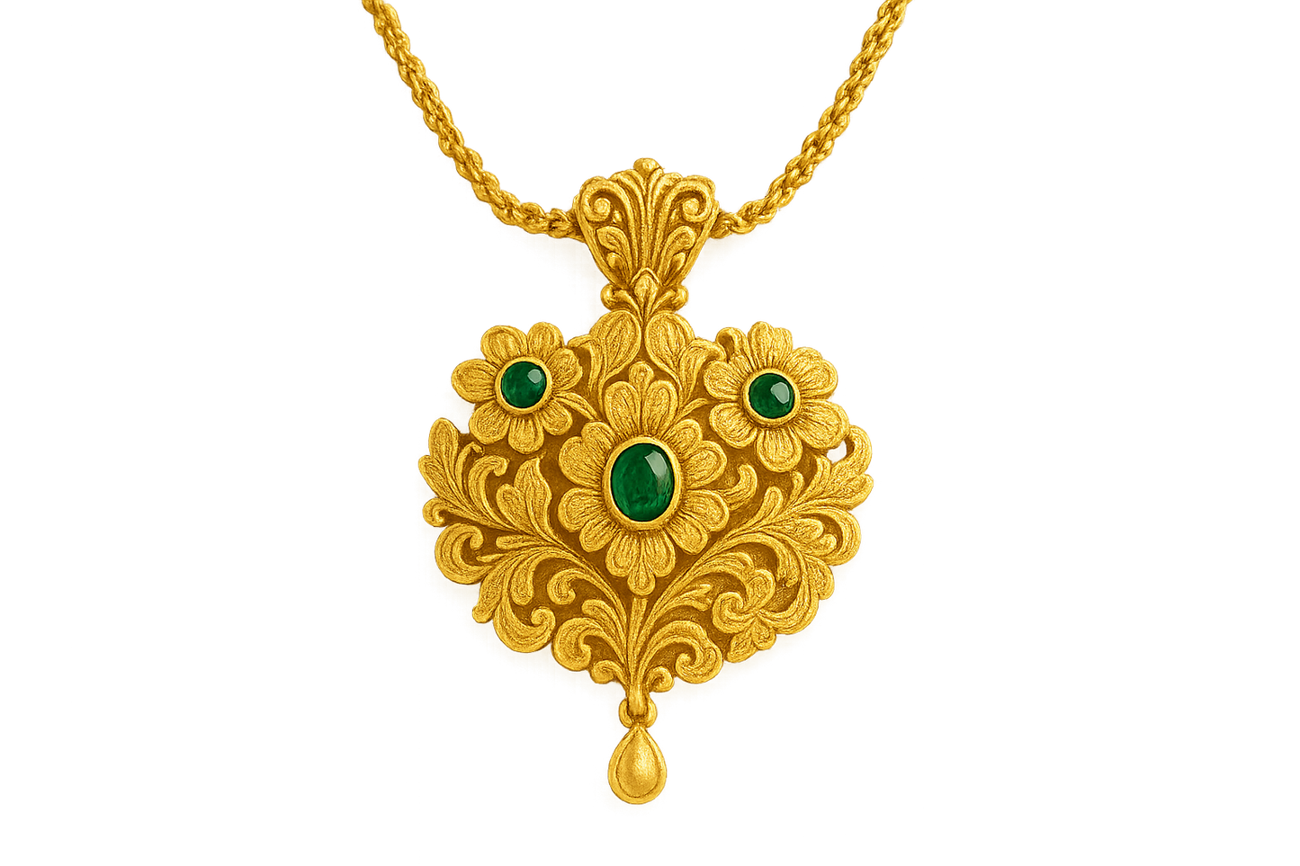 Elegant 22KT gold pendant necklace with intricate floral design. Perfect for festive and daily wear. with emerald give the image in png format no background 