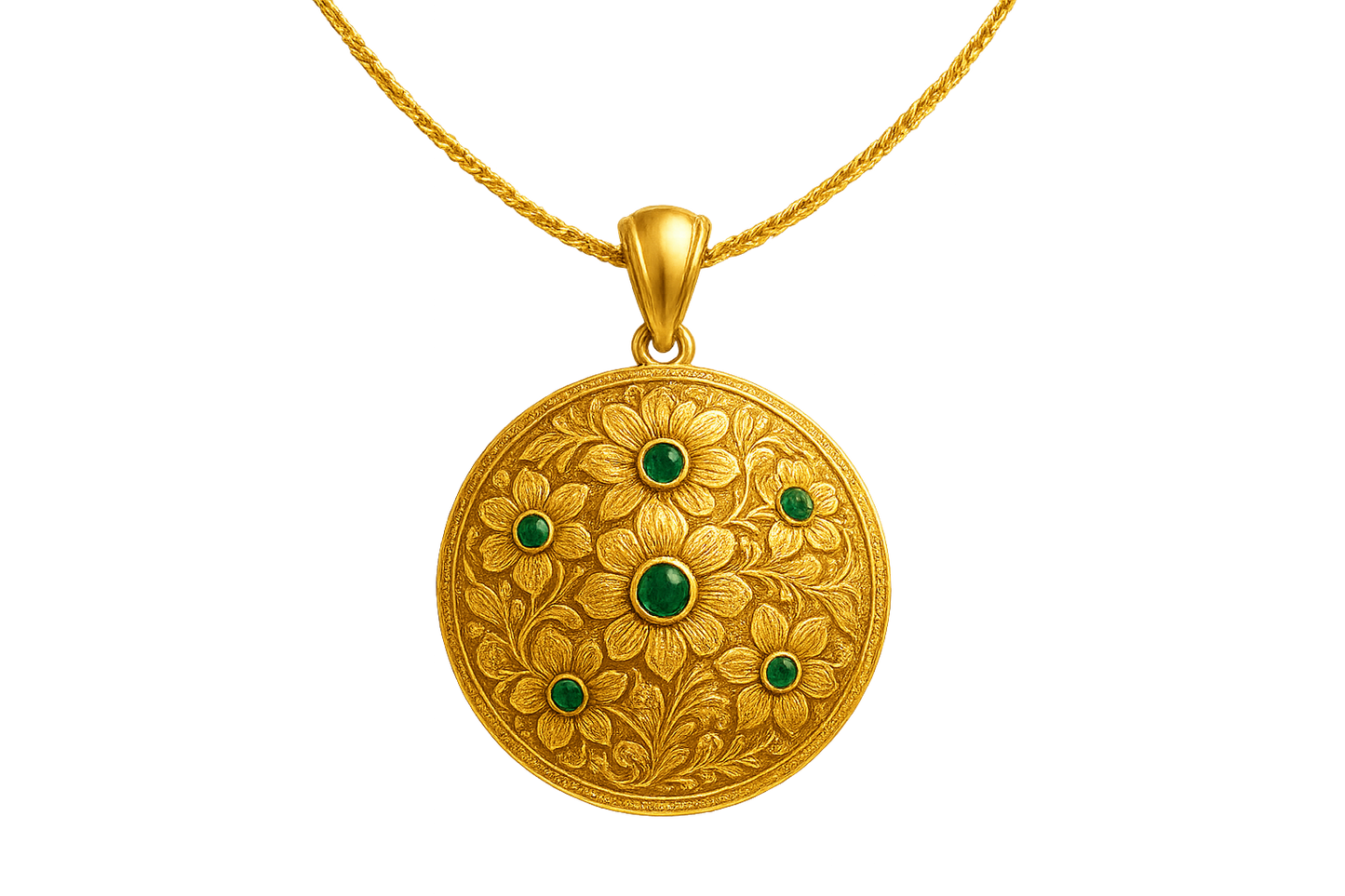  Elegant 22KT gold pendant necklace with intricate floral design. Perfect for festive and daily wear. with emerald give the image in png format no background