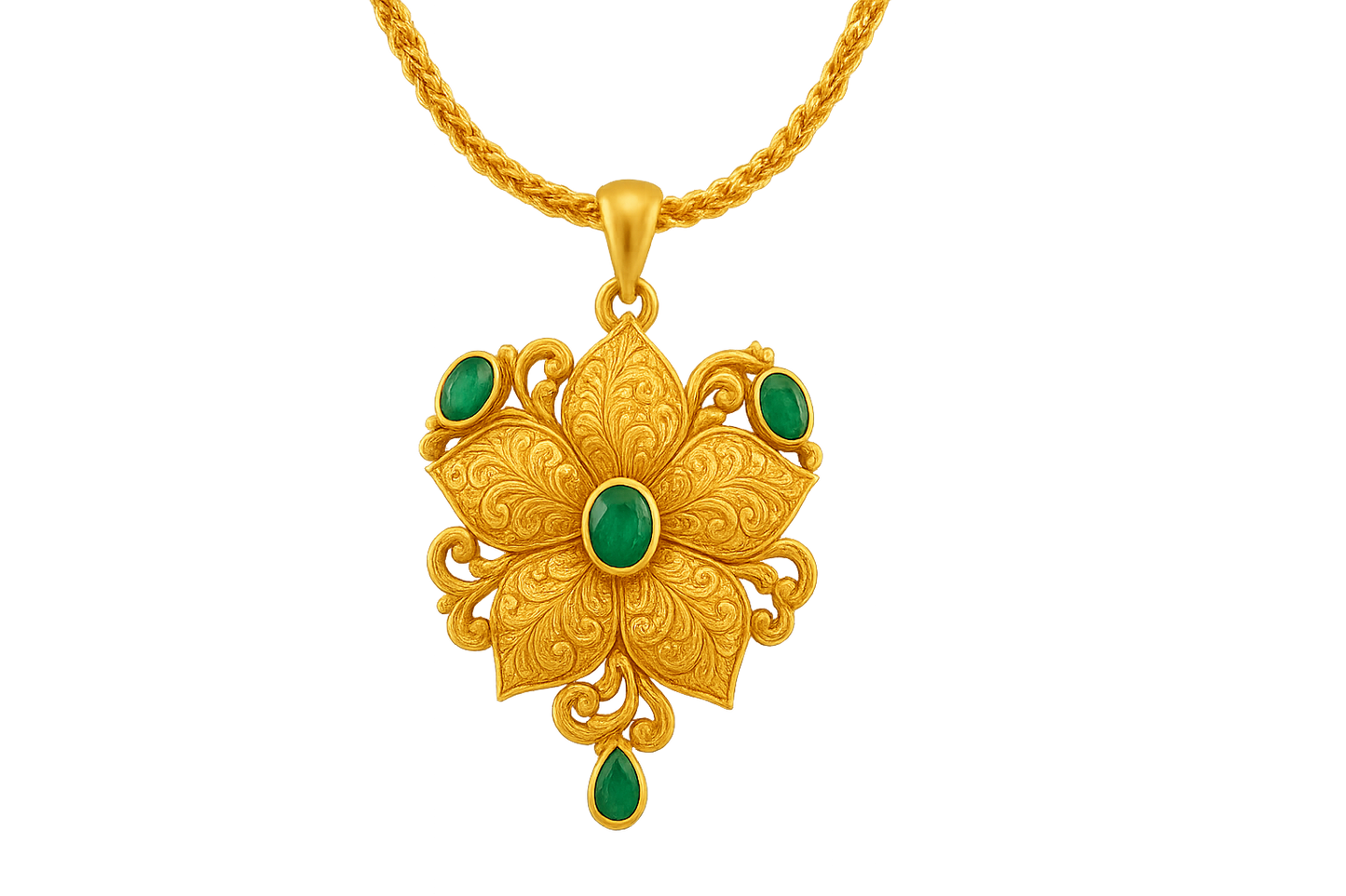 Elegant 22KT gold pendant necklace with intricate floral design. Perfect for festive and daily wear. with emerald give the image in png format no background 