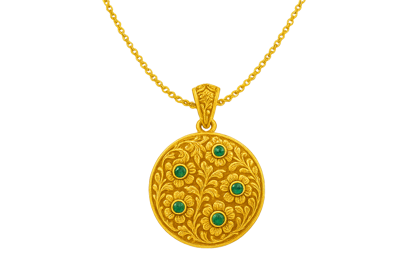 Elegant 22KT gold pendant necklace with intricate floral design. Perfect for festive and daily wear. with emerald give the image in png format no background 