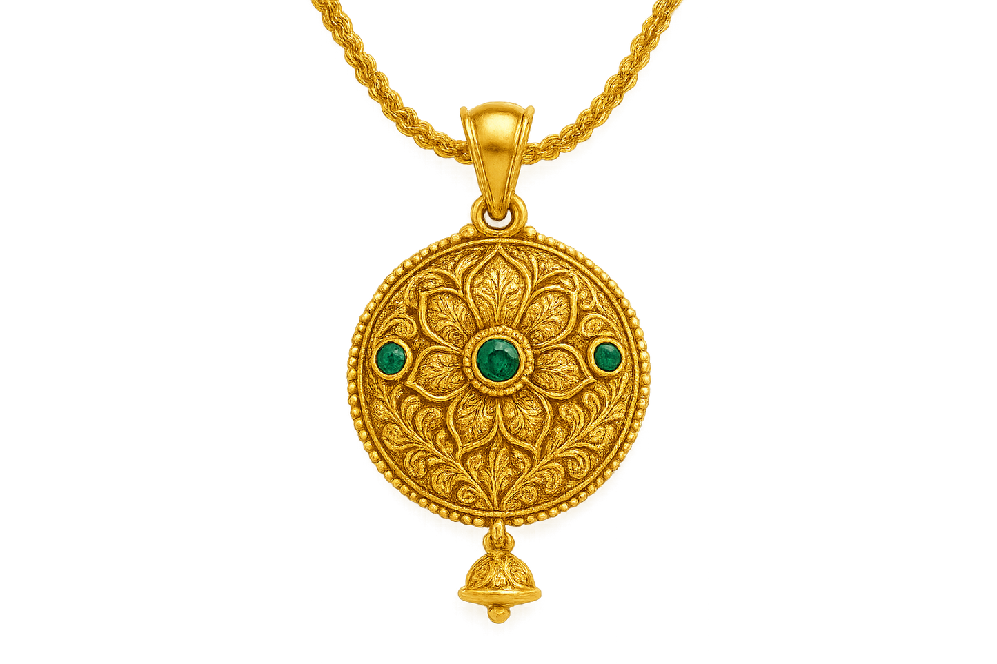 Elegant 22KT gold pendant necklace with intricate floral design. Perfect for festive and daily wear. with emerald give the image in png format no background  