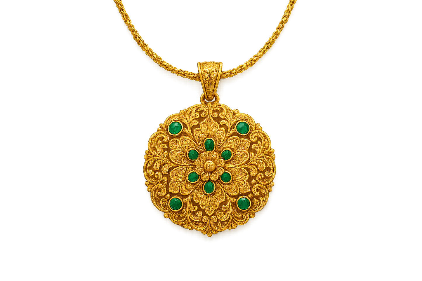 Elegant 22KT gold pendant necklace with intricate floral design. Perfect for festive and daily wear. with emerald give the image in png format no background