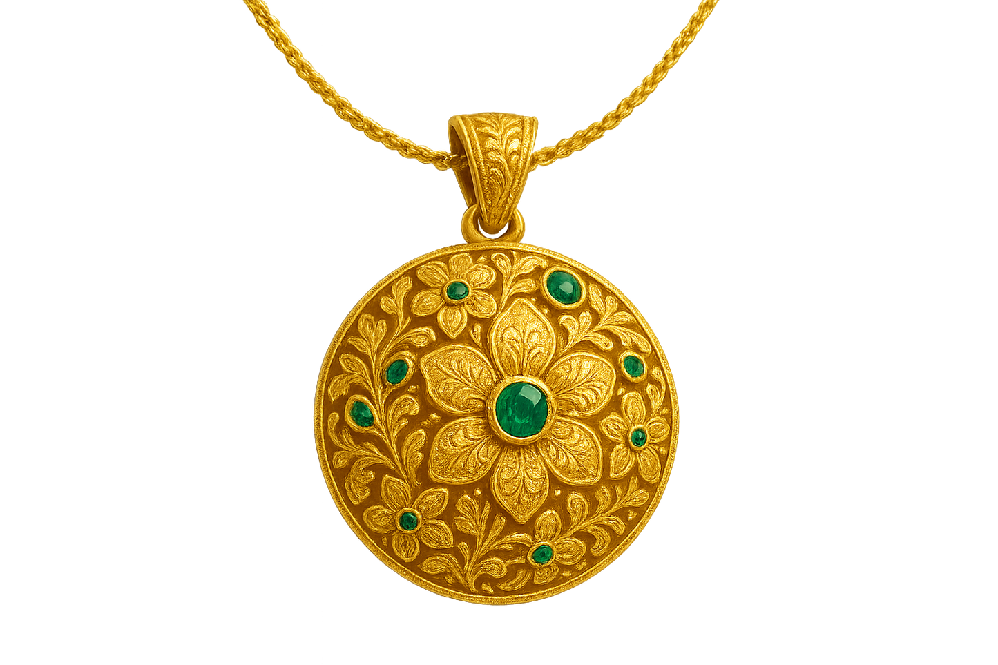 Elegant 22KT gold pendant necklace with intricate floral design. Perfect for festive and daily wear. with emerald give the image png format no background 