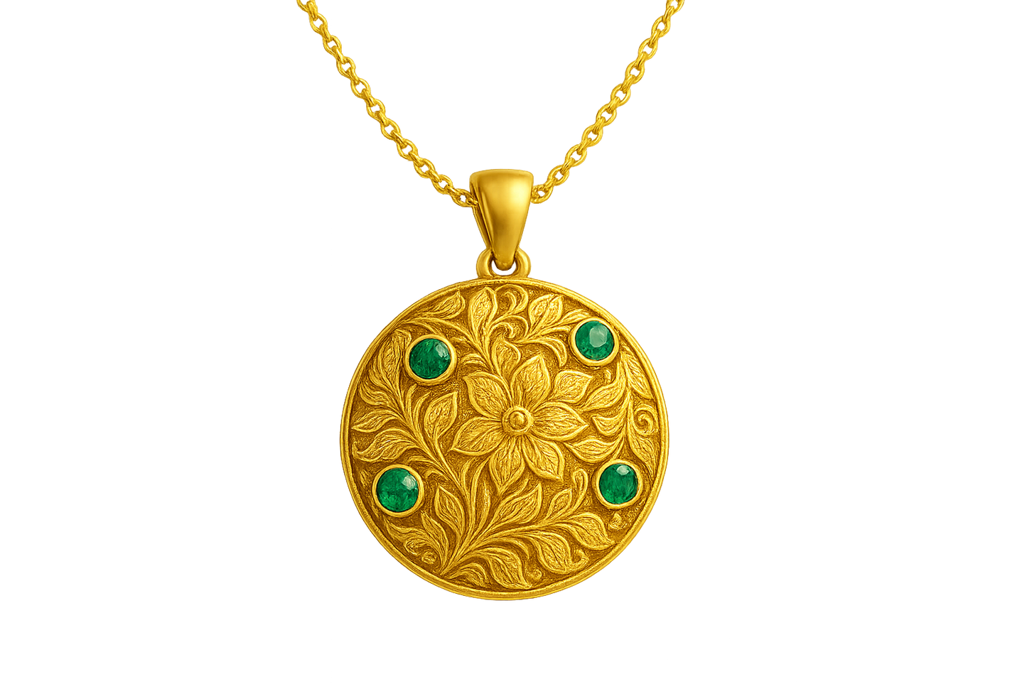 Elegant 22KT gold pendant necklace with intricate floral design. Perfect for festive and daily wear. with emerald give the image png format no background 