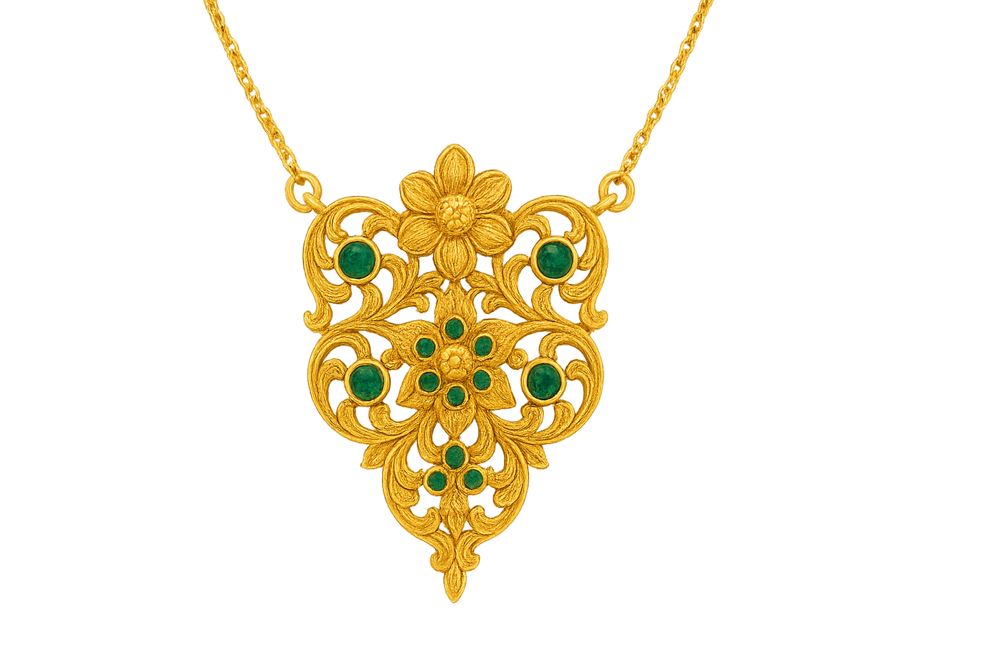 Elegant 22KT gold pendant necklace with intricate floral design. Perfect for festive and daily wear. with emerald give the image png format no background