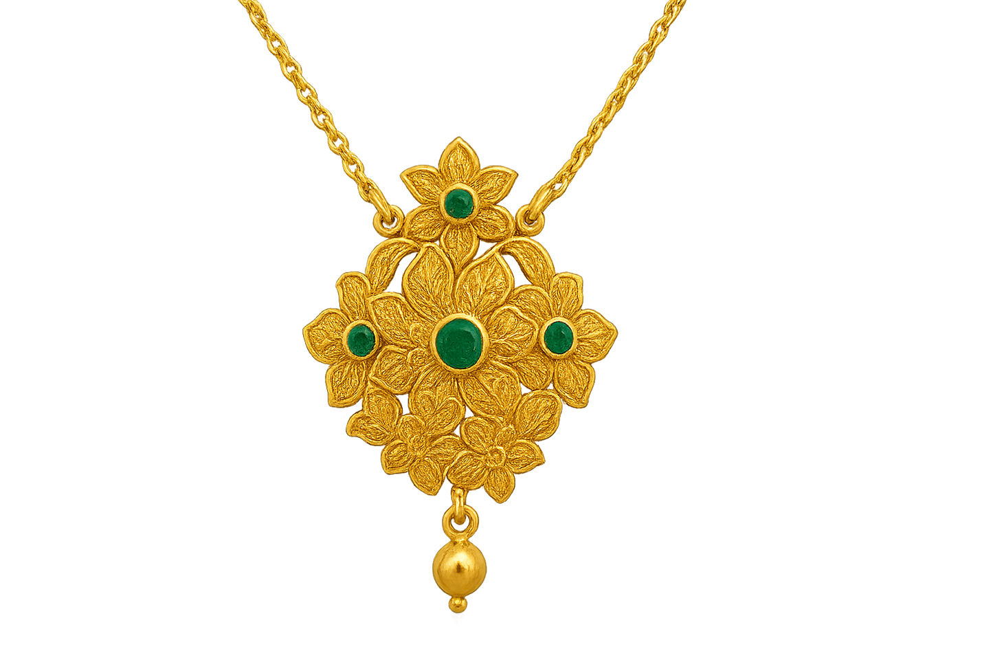 Elegant 22KT gold pendant necklace with intricate floral design. Perfect for festive and daily wear. with emerald give the image png format no background