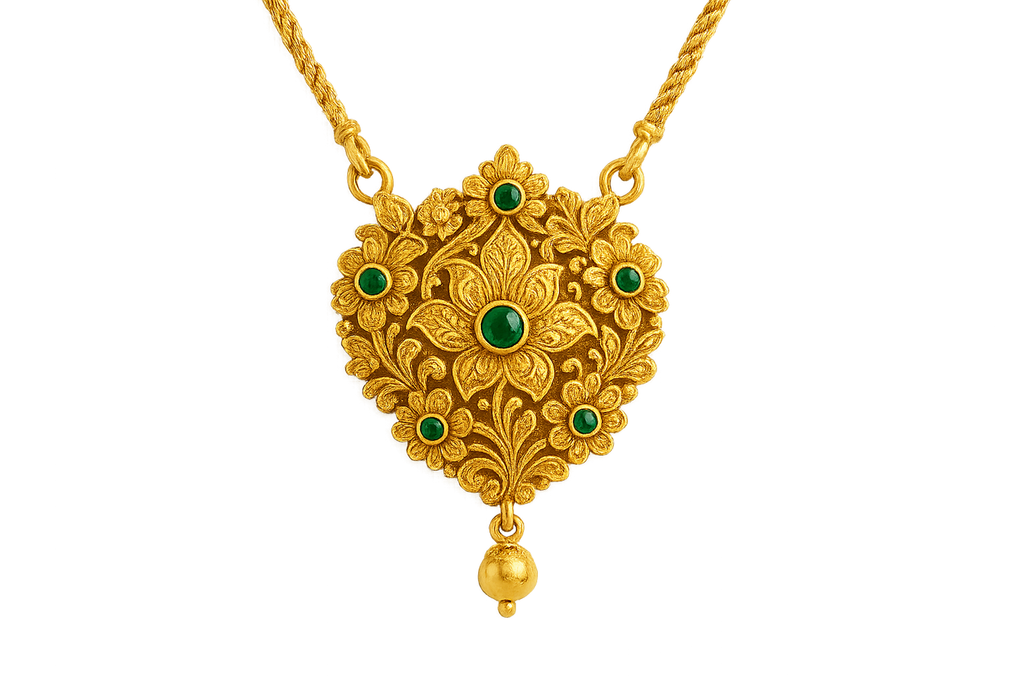 Elegant 22KT gold pendant necklace with intricate floral design. Perfect for festive and daily wear. with emerald give the image png format no background 