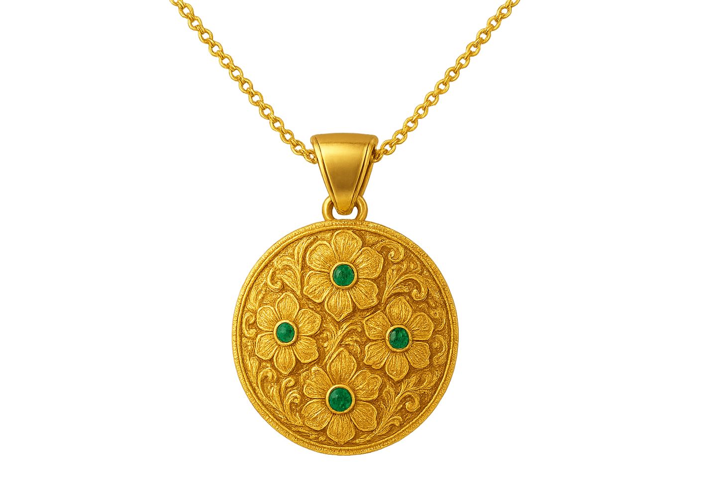 Elegant 22KT gold pendant necklace with intricate floral design. Perfect for festive and daily wear. with emerald give the image png format no background 
