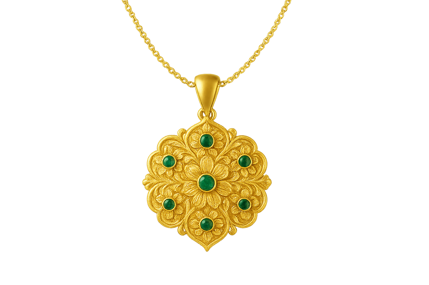 Elegant 22KT gold pendant necklace with intricate floral design. Perfect for festive and daily wear. with emerald give the image png format no background