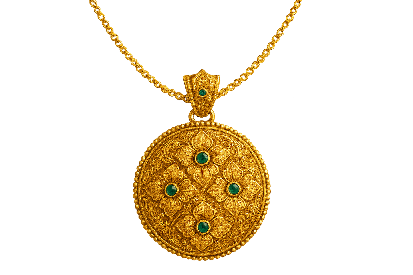 Elegant 22KT gold pendant necklace with intricate floral design. Perfect for festive and daily wear. with emmerald give the image in png format no background 
