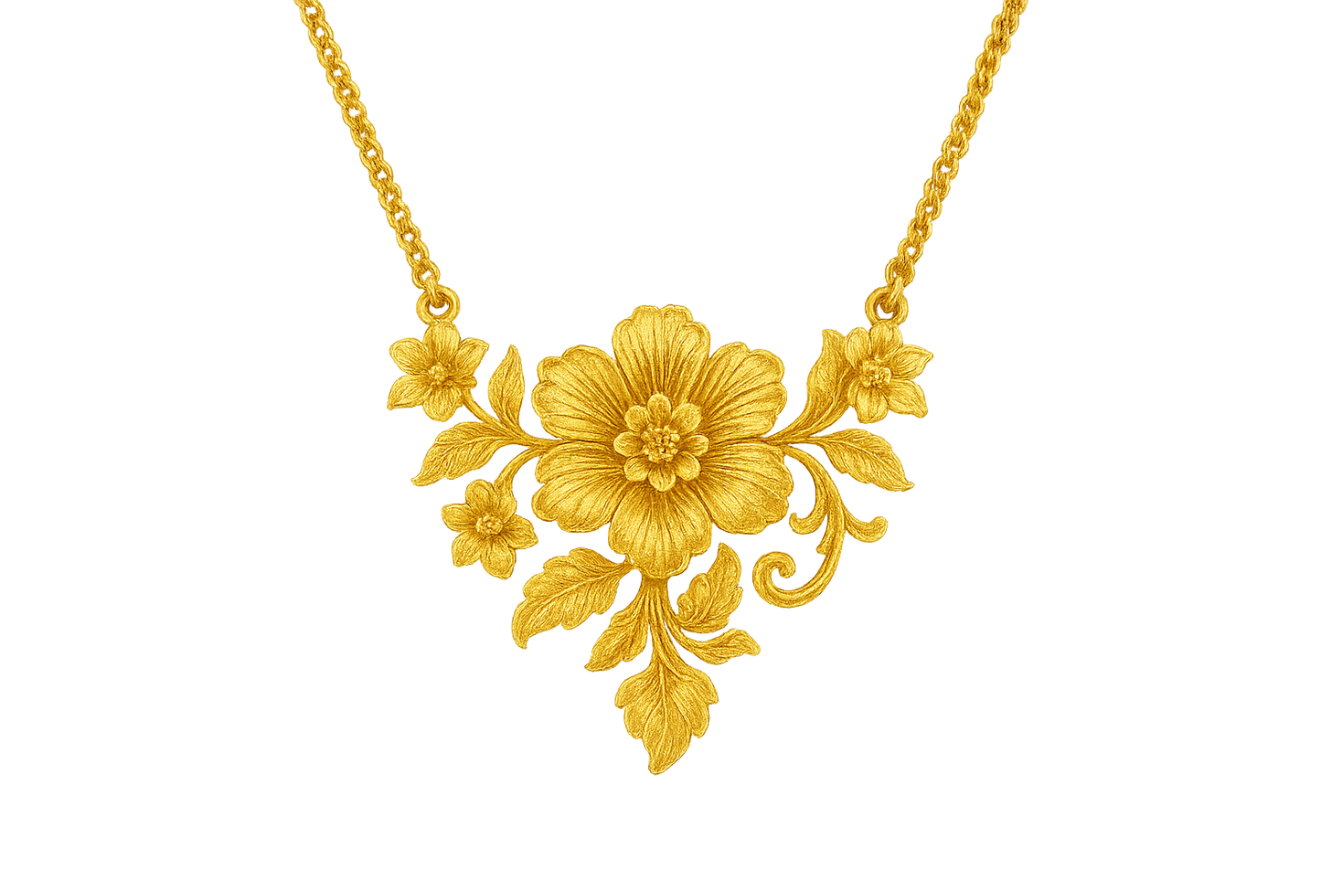 Elegant 22KT gold pendant necklace with intricate floral design. Perfect for festive and daily wear. with none give the image in format no background