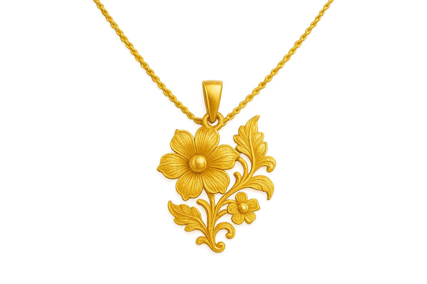 Elegant 22KT gold pendant necklace with intricate floral design. Perfect for festive and daily wear. with none give the image in format no background 