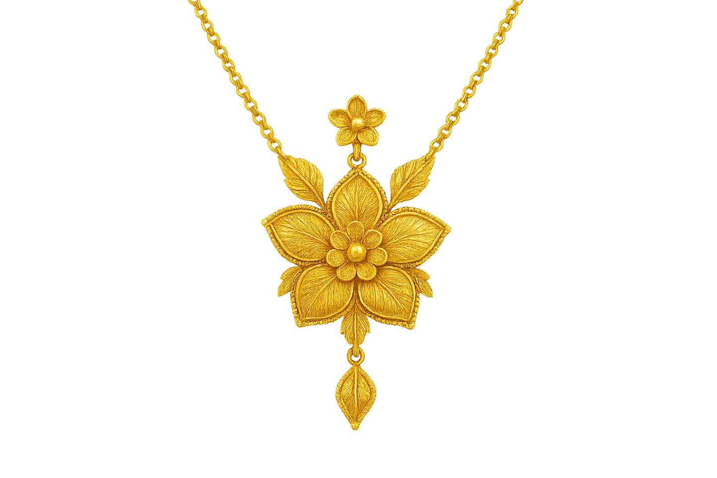 Elegant 22KT gold pendant necklace with intricate floral design. Perfect for festive and daily wear. with none give the image in format no background 