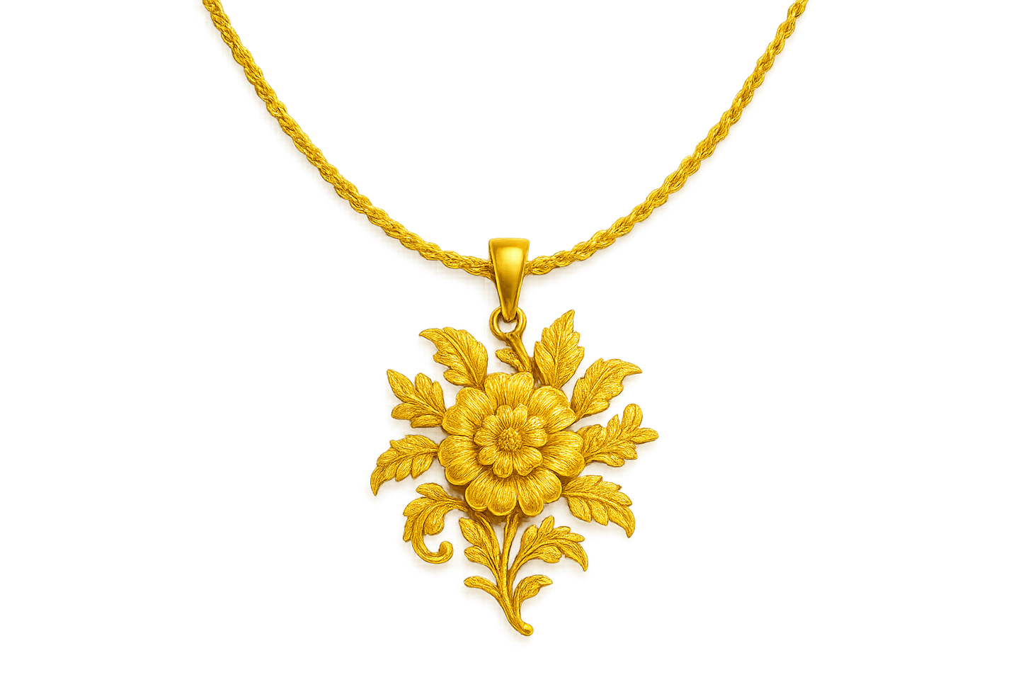 Elegant 22KT gold pendant necklace with intricate floral design. Perfect for festive and daily wear. with none give the image in format no background 