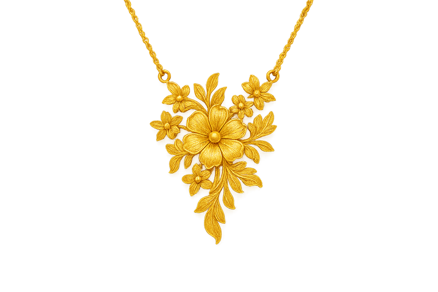 Elegant 22KT gold pendant necklace with intricate floral design. Perfect for festive and daily wear. with none give the image in format no background 