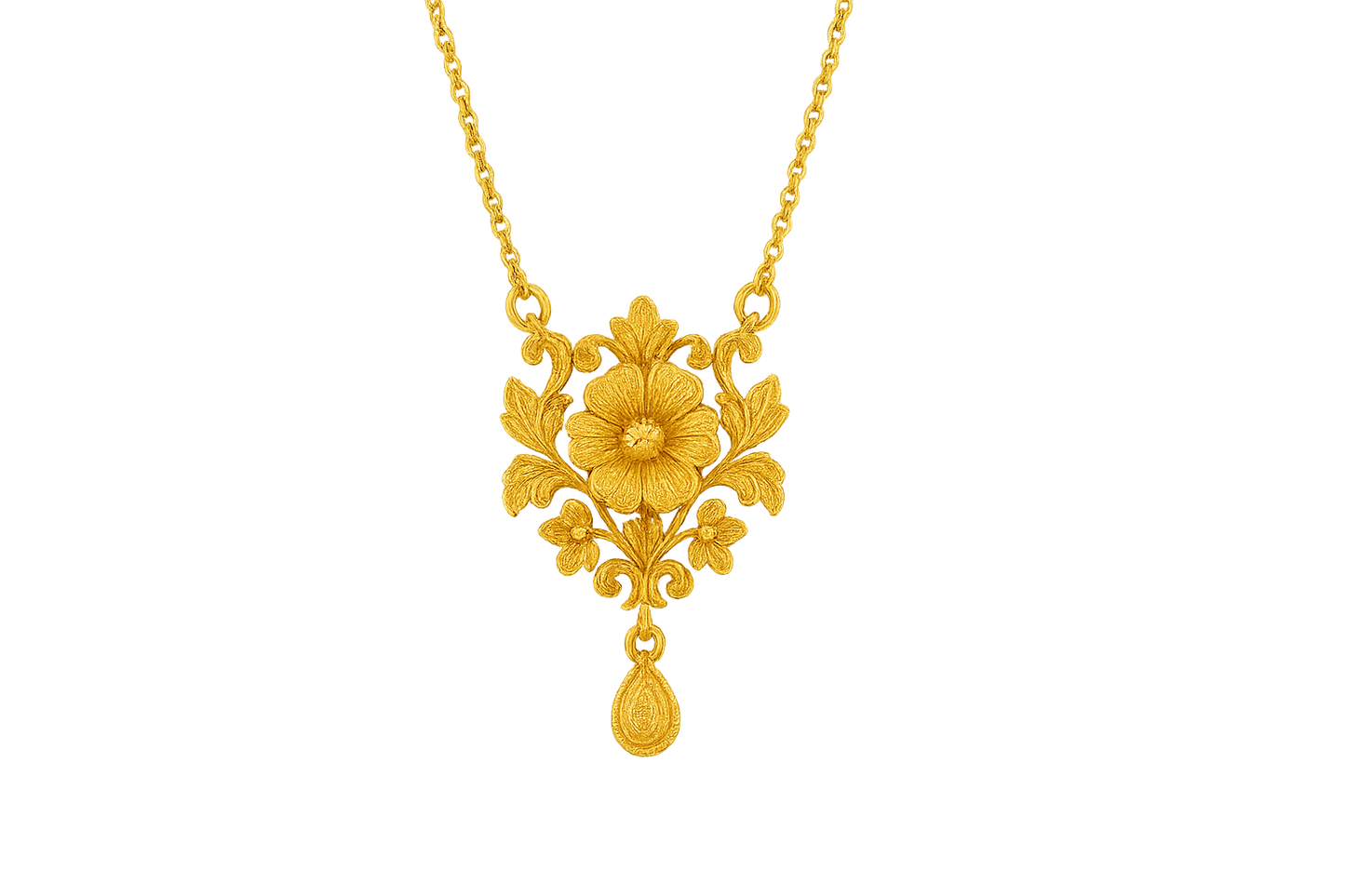 Elegant 22KT gold pendant necklace with intricate floral design. Perfect for festive and daily wear. with none give the image in format no background 