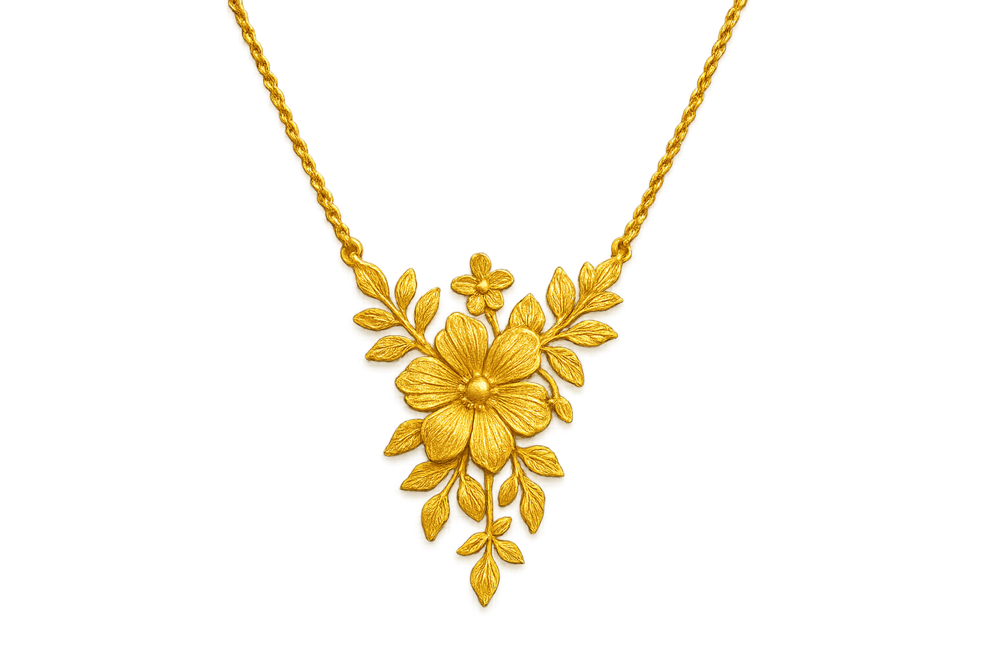 Elegant 22KT gold pendant necklace with intricate floral design. Perfect for festive and daily wear. with none give the image in png format no background