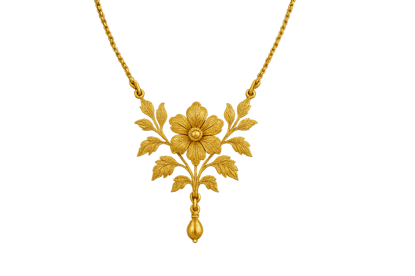 Elegant 22KT gold pendant necklace with intricate floral design. Perfect for festive and daily wear. with none give the image in png format no background 