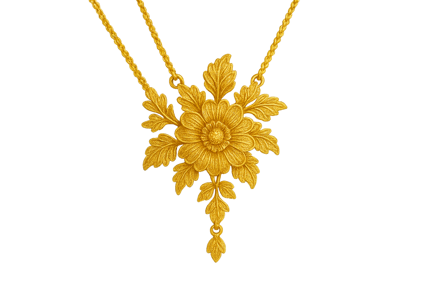 Elegant 22KT gold pendant necklace with intricate floral design. Perfect for festive and daily wear. with none give the image in png format no background 