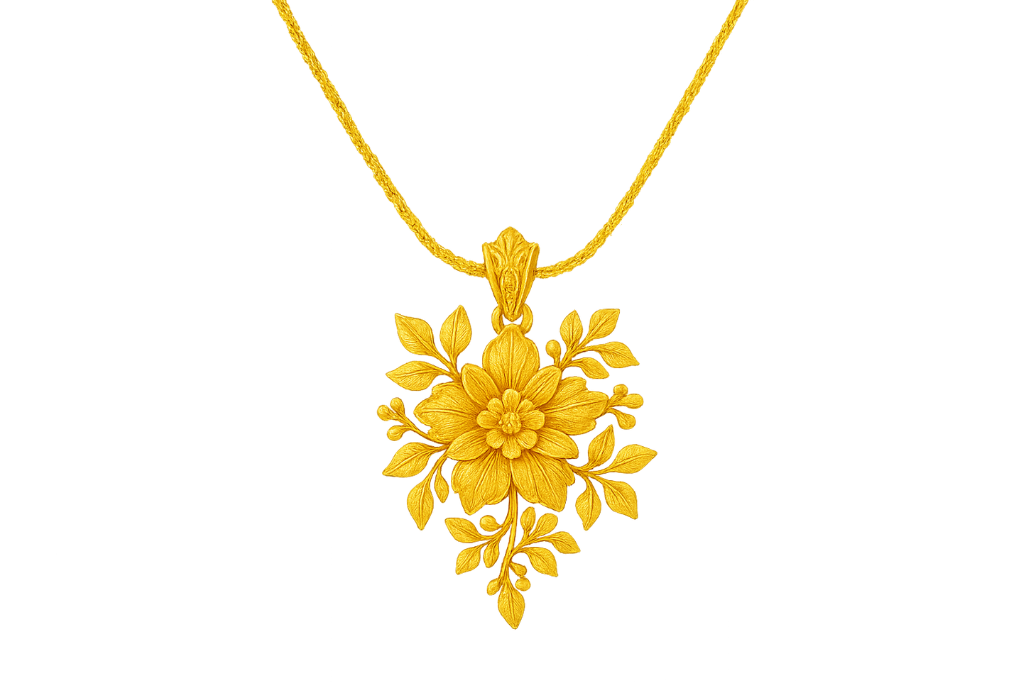 Elegant 22KT gold pendant necklace with intricate floral design. Perfect for festive and daily wear. with none give the image in png format no background