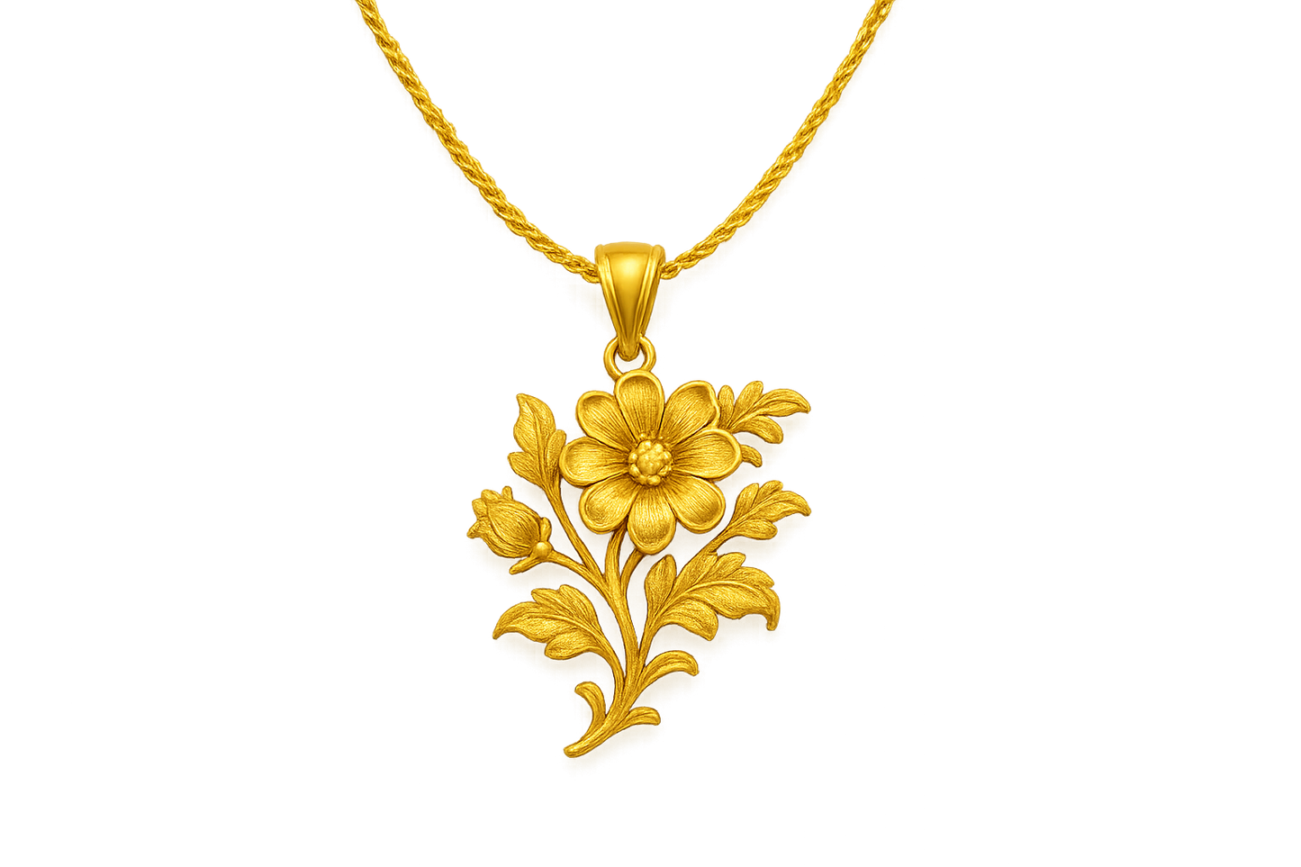 Elegant 22KT gold pendant necklace with intricate floral design. Perfect for festive and daily wear. with none give the image in png format no background 