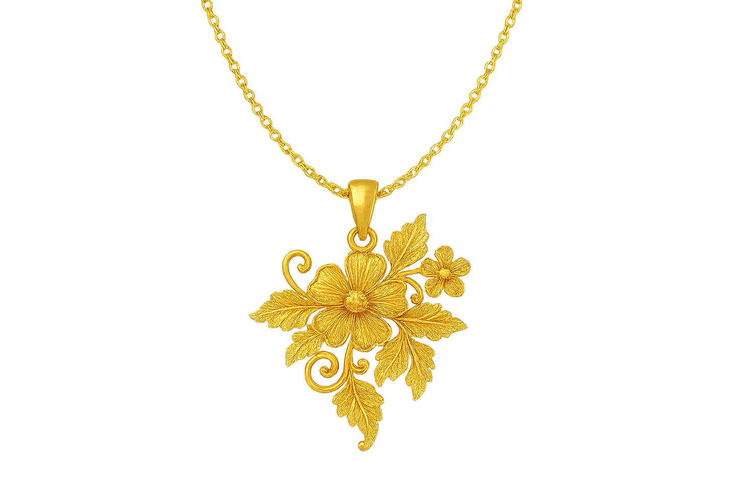 Elegant 22KT gold pendant necklace with intricate floral design. Perfect for festive and daily wear. with none give the image in png format no background 