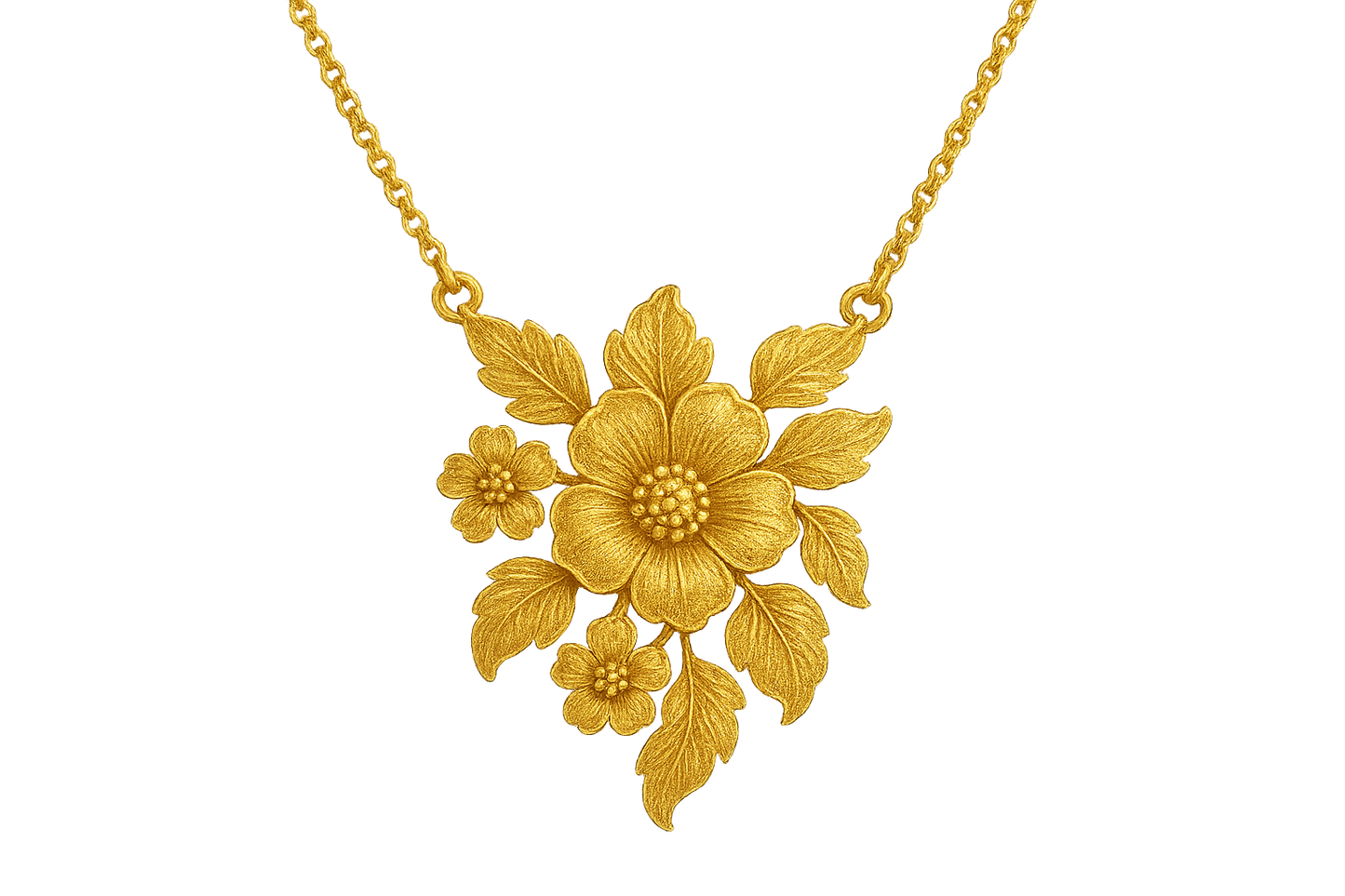 Elegant 22KT gold pendant necklace with intricate floral design. Perfect for festive and daily wear. with none give the image in png format no background  