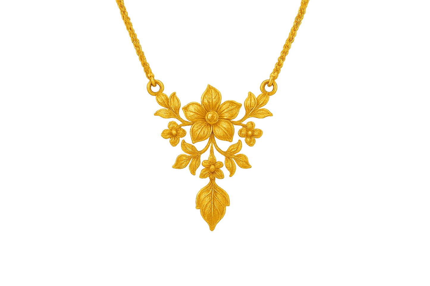 Elegant 22KT gold pendant necklace with intricate floral design. Perfect for festive and daily wear. with none give the image in png format no background  