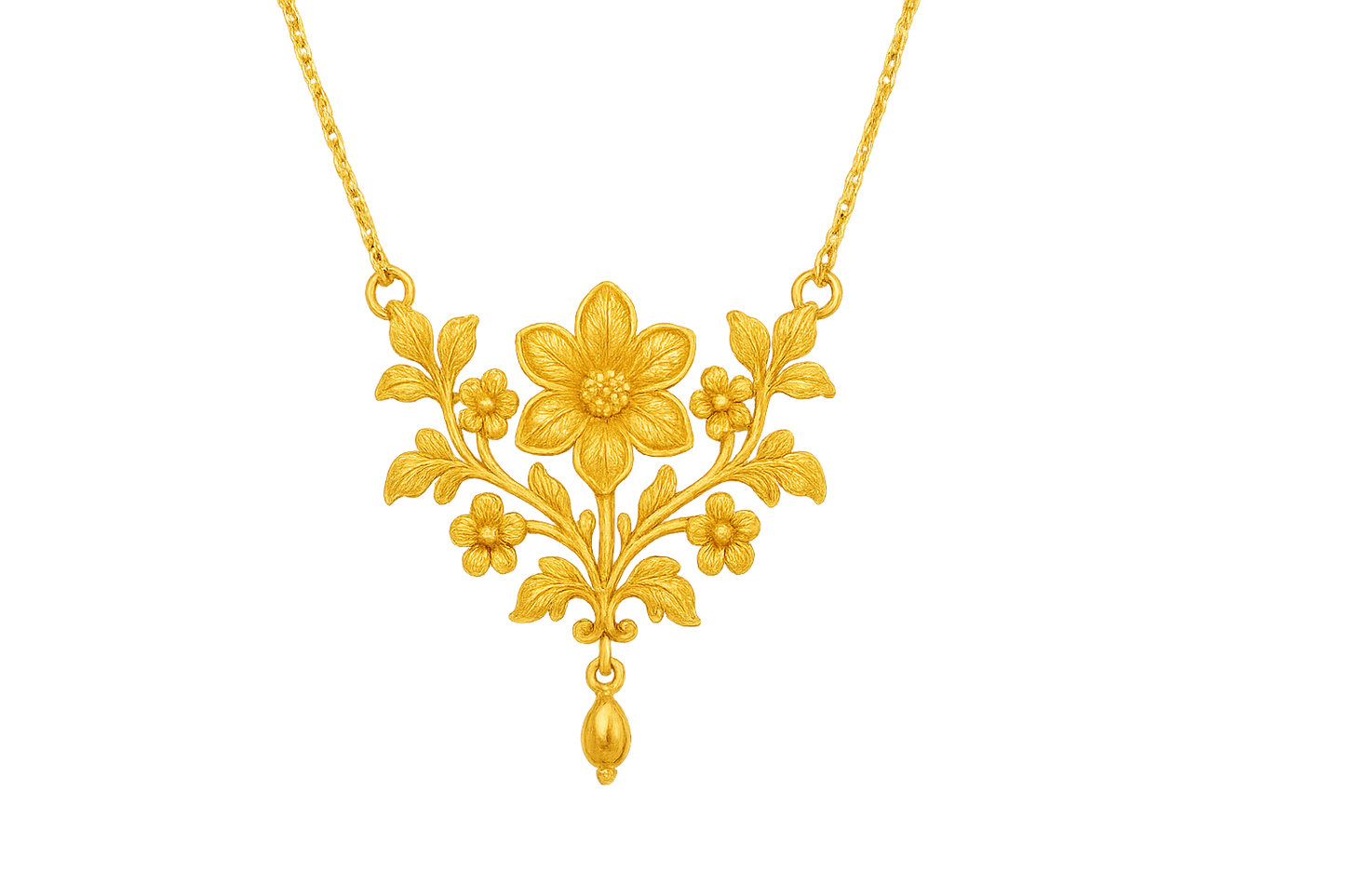 Elegant 22KT gold pendant necklace with intricate floral design. Perfect for festive and daily wear. with none give the image in png format no background  
