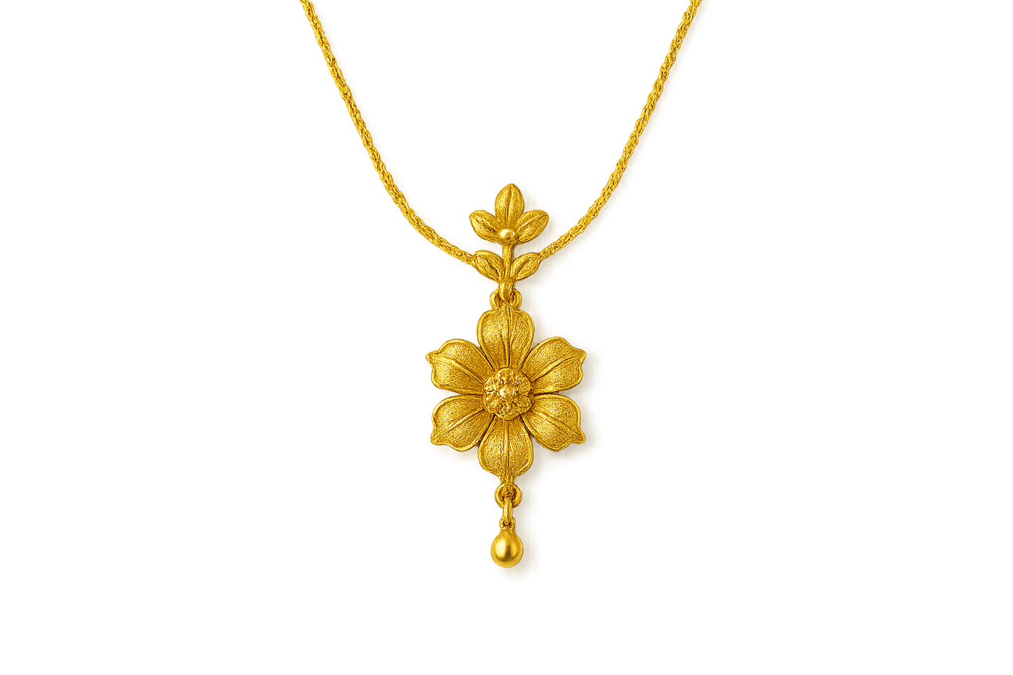 Elegant 22KT gold pendant necklace with intricate floral design. Perfect for festive and daily wear. with none give the image in png format no background
