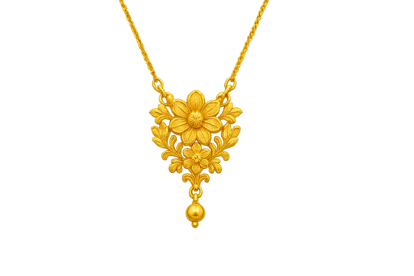 Elegant 22KT gold pendant necklace with intricate floral design. Perfect for festive and daily wear. with none give the image in png format no background  