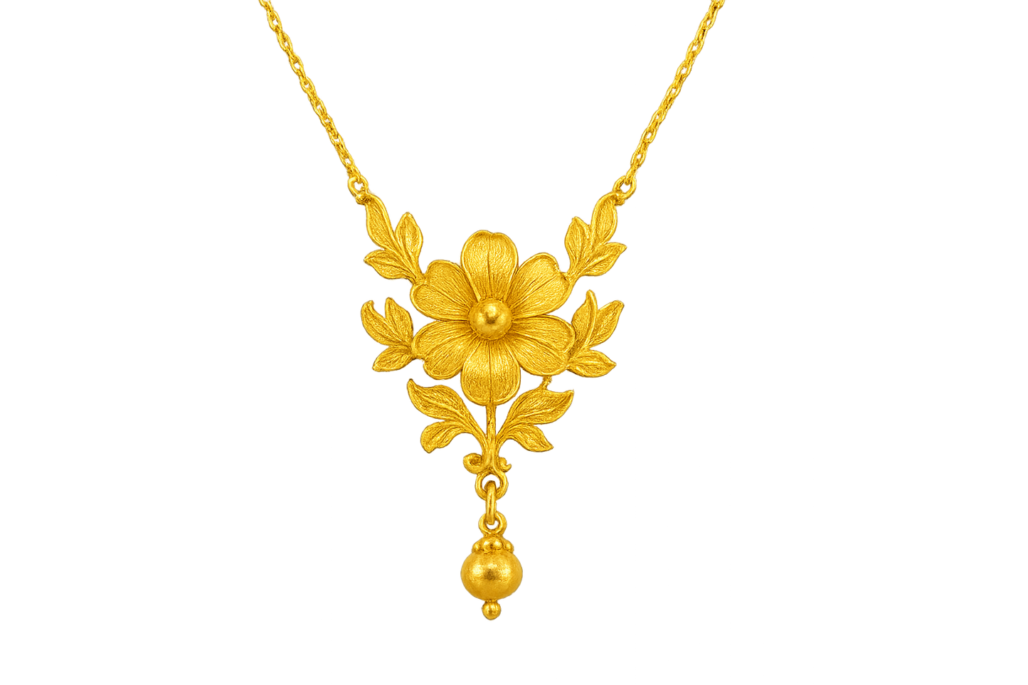 Elegant 22KT gold pendant necklace with intricate floral design. Perfect for festive and daily wear. with none give the image in png format no background 